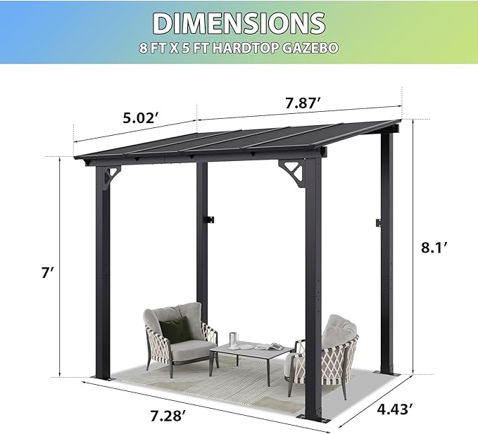 Aoxun 8’x 5’ Premium Gazebo with Aluminum Top Frame & Polycarbonate Panel, Wall Mounted Gazebos Pergola, Outdoor Patio Lean to Gazebo, Awnings with Sloped Roof, for Backyard, Porch, Deck