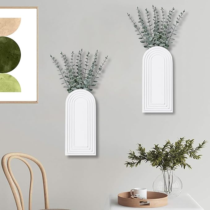 2 Pack Wooden Wall Vase Set - White Finish Modern Farmhouse & Boho Wall Decor for Entryway, Hallway, Bathroom, Living Room, Dining Room, Narrow Spaces