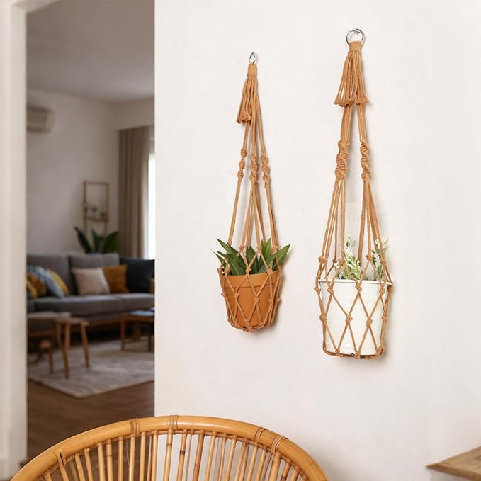 Artilady Macrame Hanging Planter for Indoor Plants, Boho Woven Plant Hanger Large Hanging Flower Pot Holders Outdoor Baskets Storage No Tassels Brown Wall Decor (Latte Brown-2pcs)