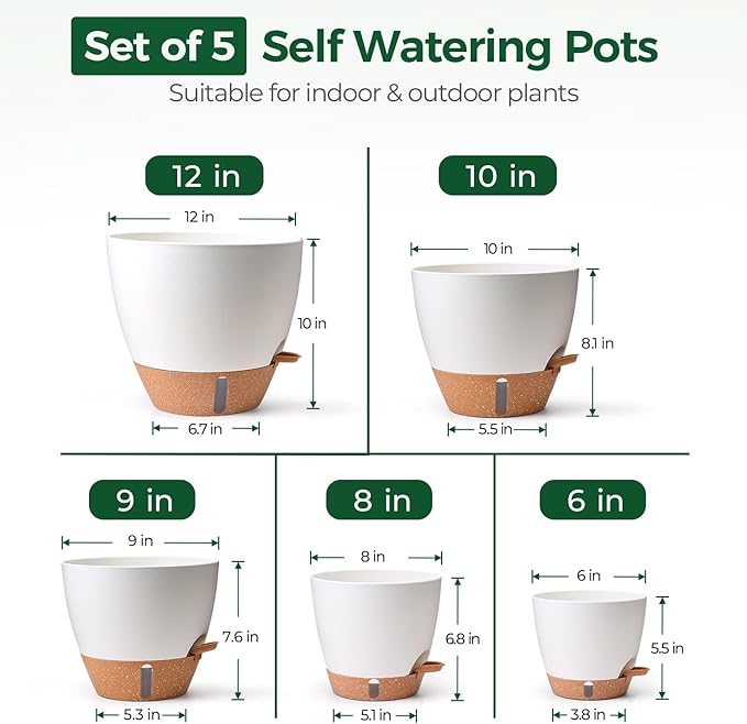 T4U 5 Pack Self Watering Pots (6"+8"+9"+10"+12") - Water Level Indicator & Deep Reservoir, Mess-Free Planters for Busy People, Beginners & Gardeners, Fit Most Plants, Indoor Outdoor Use (White)