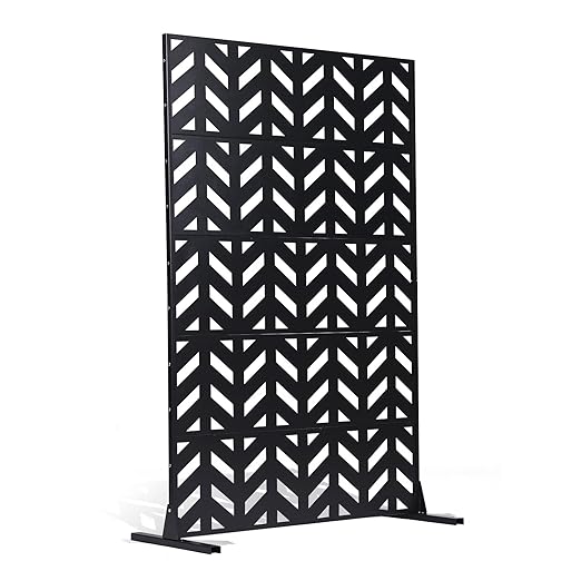 VEVOR Metal Privacy Screen, 47" W x 72" H, Outdoor Privacy Screens 5-Panel, Freestanding Outdoor Divider with Stand, Decorative Garden Steel Privacy Fence for Balcony Patio Indoor Room Black