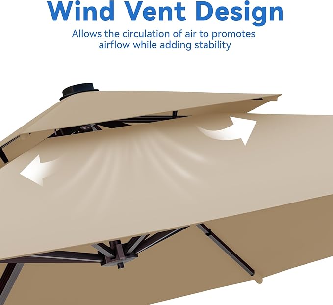 10x13FT Beige Brown Cantilever Outdoor Patio Umbrella with Base, Large Rectangular Offset Design, Double Top Heavy Duty Aluminum Frame & 360° Rotation for Pool Garden Deck Backyard