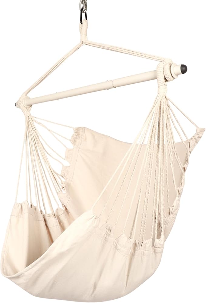 Highwild Hammock Chair Hanging Rope Swing - Max 500 Lbs - Steel Spreader Bar with Anti-Slip Rings - for Any Indoor or Outdoor Spaces (Beige)
