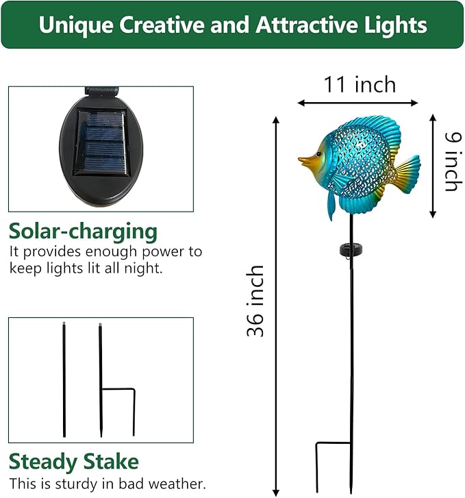 HONGLAND Outdoor Fish Solar Garden Lights with LED Light, Metal Fish Design Waterproof Solar Garden Decorative Stake for Lawn, Yard, Patio, Landscape Decoration