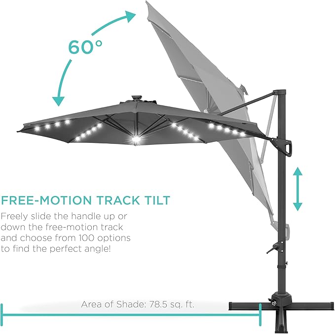 Best Choice Products 10ft Solar LED Cantilever Patio Umbrella, 360-Degree Rotation Hanging Offset Market Outdoor Sun Shade for Backyard, Deck, Poolside w/Lights, Easy Tilt, Cross Base