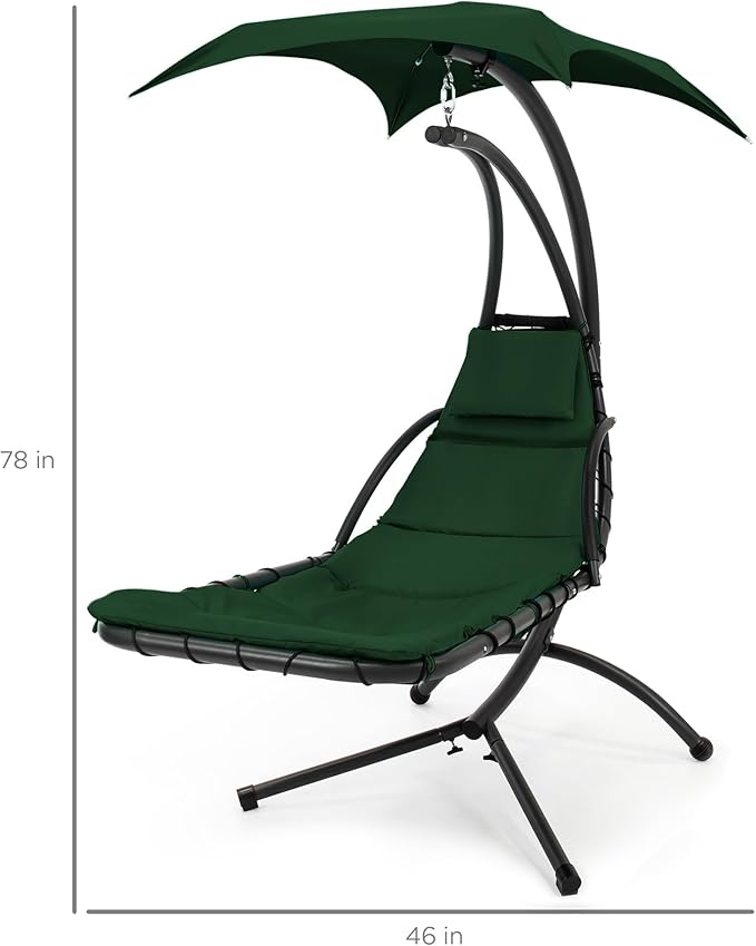 Best Choice Products Outdoor Hanging Curved Steel Chaise Lounge Chair Swing w/Built-in Pillow and Removable Canopy - Green