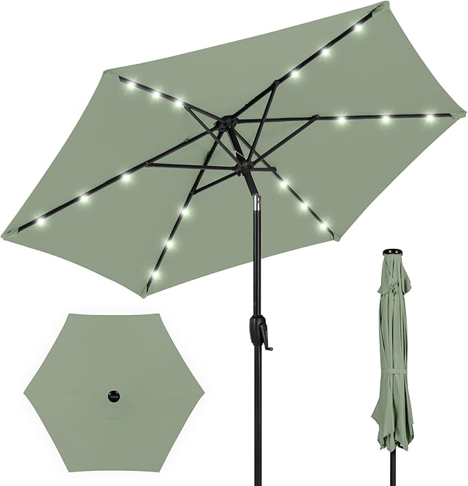Best Choice Products 7.5ft Outdoor Solar Market Table Patio Umbrella for Deck, Pool w/Tilt, Crank, LED Lights - Sage Green