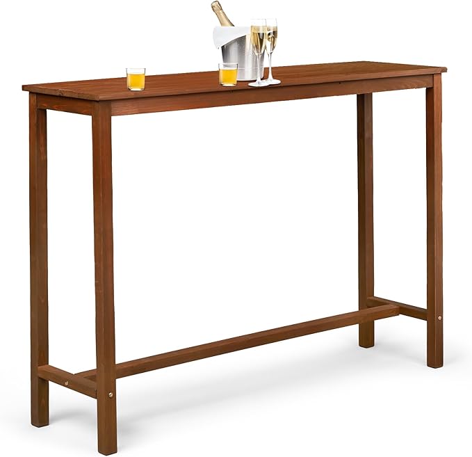 VINGLI Wooden Outdoor Bar Table, Wood Patio Counter Height Table, Weather-Resistant Patio Pub Table for Garden, Balcony, Poolside, Backyard, Indoor Use (Brown, 53")