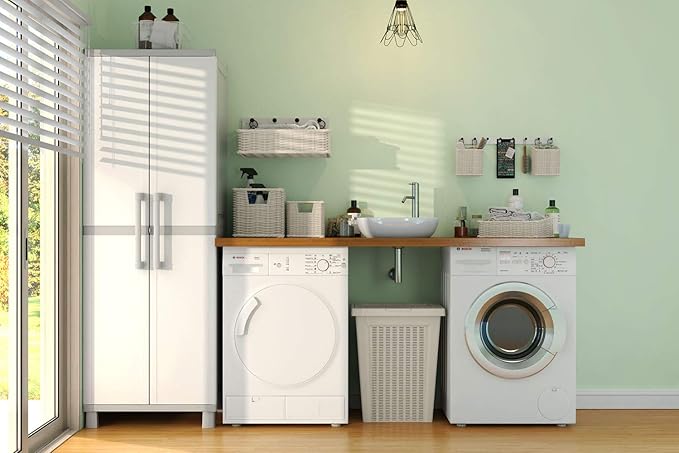 Keter Storage Cabinet with Doors and Shelves for Laundry Room, Garage, Bathroom Accessories, Closet and Home Organization, White & Grey