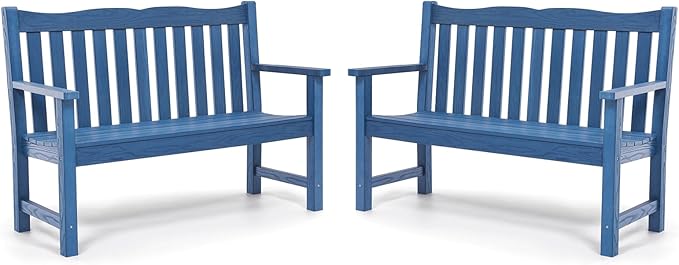 Stoog Outdoor Benches Set of 2, 2-Person All-Weather HIPS Garden Bench with 800 lbs Weight Capacity, Never Rot or Fade, Used for Patio, Deck, Backyard, Blue