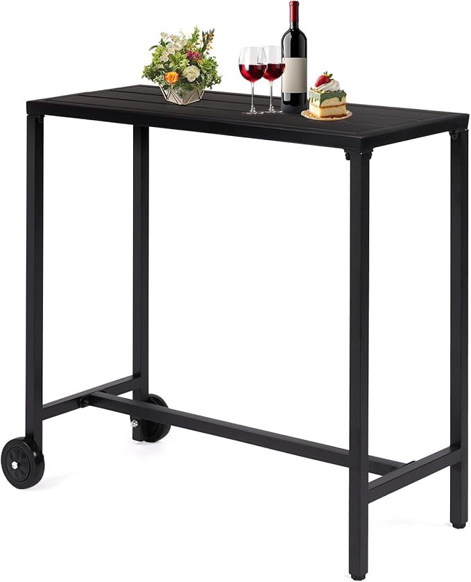 Outvita Outdoor Bar Table, 37" Height Wheeled Patio Pub Table with Waterproof Frame and Adjustable Foot for Hot Tub, Patio, Backyard, Balcony, Hallway, Bistro Rectangle, Black