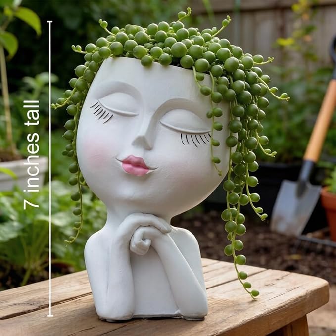 Face Planter, Head Planter, Plant Pots Indoor, Plant Pot for Home Decor, Flower Pots with Drainage, Cute Planters for Women, Succulent Pots, Face Flower Pot(7.2 Inch)