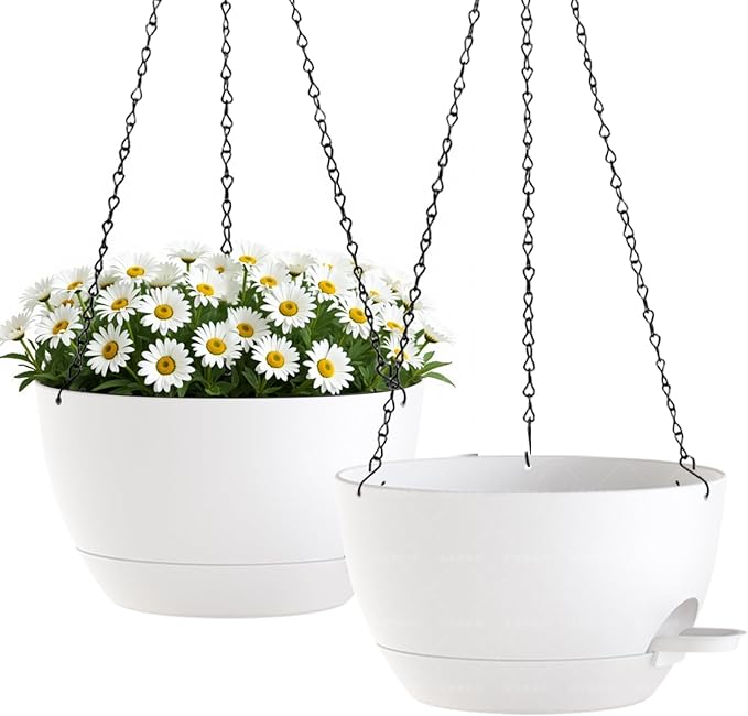 2 Pack 10 Inch Self Watering Hanging Planters for Indoor Plants, Large White Plastic Hanging Pots with Chains for Outdoor Patio Garden Home Decor (White)
