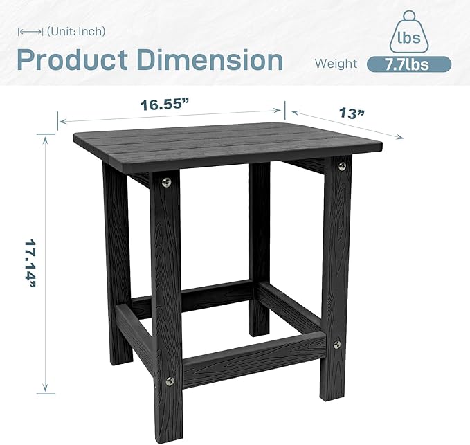 Outdoor Side Table, HDPS Single Adirondack Side Table Weather Resistant, Outside Table for Adirondack Chair, Outside End Table for Patio, Pool, Deck, Porch, Patio or Indoor Use, Black