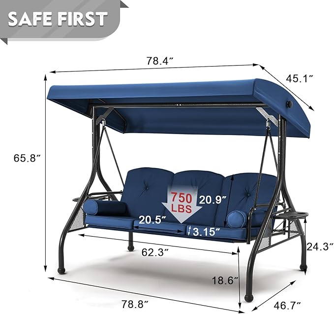 HOMREST 3 Seat Outdoor Porch Swing with Adjustable Canopy, Convertible Patio Swing Bed with Stand, Patio Glider Swing with Upgraded Cup Holder, Thicken Cushions ＆ Pillow for Backyard (Blue)