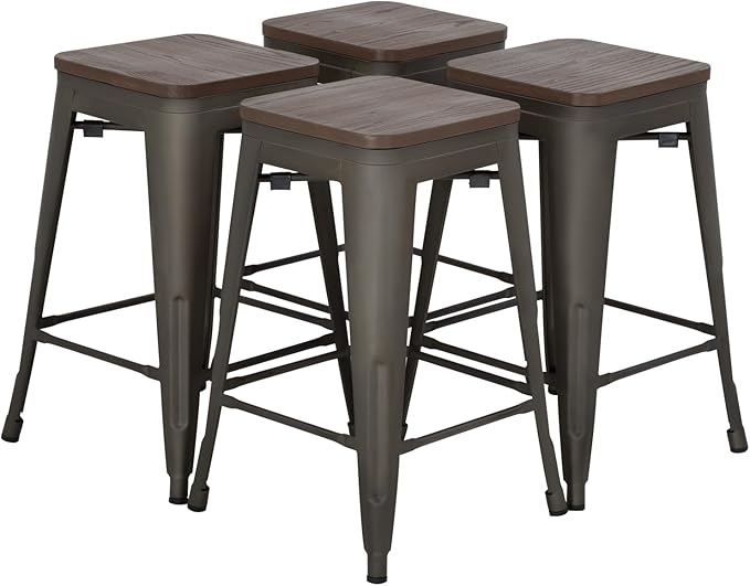 FDW Metal Bar Stools Set of 4 Counter Height Bar Stools 24 Inches Industrial Bar Chairs Patio Stool Stackable Backless Stool Indoor Outdoor Metal Kitchen Stools Bar Chairs (Bronze with Wood, 24")