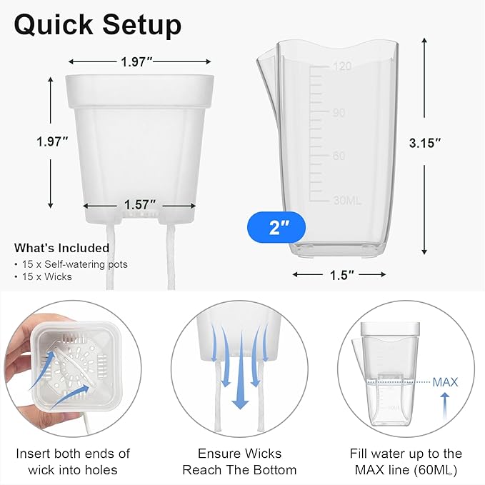 QCQHDU 2 Inch Mini Self Watering Pots for Indoor Plants, 15 Pack Semi Hydroponic Pots, Small Clear Plastic Planters, Drainage Hole, Water Level Indicator, African Violets, Alocasia, Cutting, Seeding