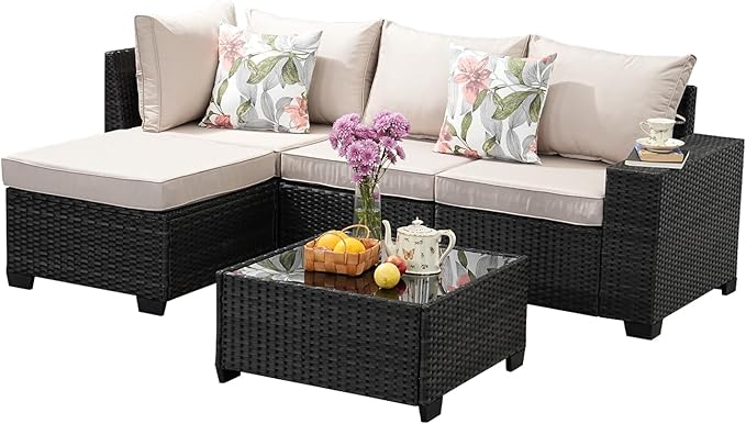 Jing's Villa 5-Piece Patio Furniture Set, All-Weather Outdoor Wicker Sectional Sofa with Cushions, Tempered Glass Table & Ottoman, Rattan Conversation Seating for Porch, Garden, Backyard,Beige