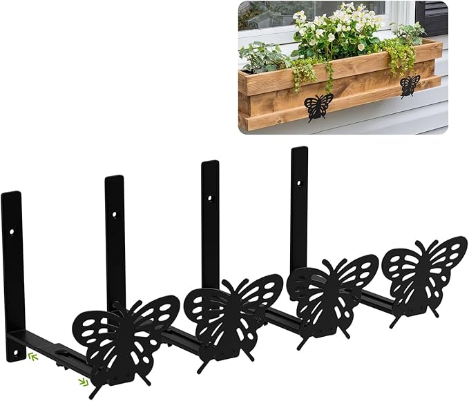 Adjustable Window Box Brackets, 6 to 12 inch Heavy Duty Window Planter Box Brackets, Butterfly Shape Wall Mount Flower Box Holder, 4 Pack