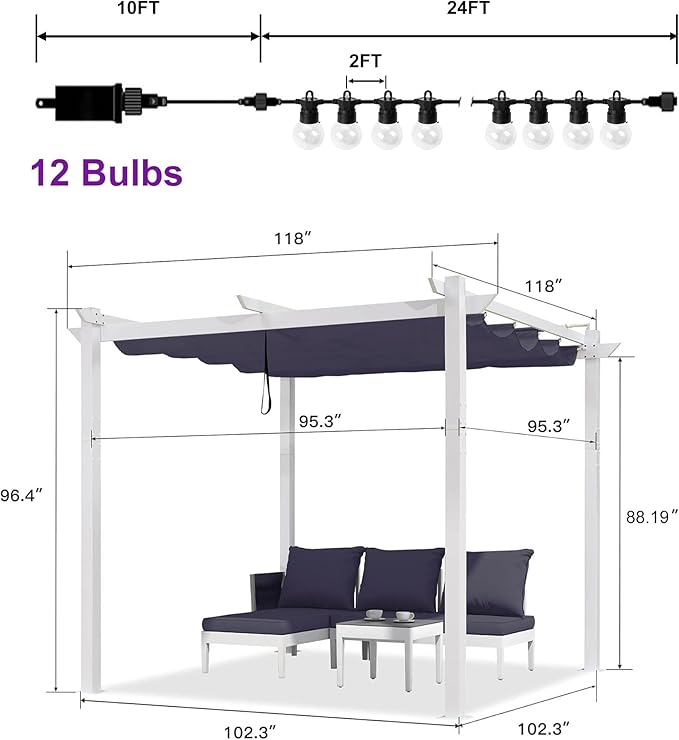 PURPLE LEAF 10' x 10' Outdoor Aluminum Pergola White Heavy-Duty Retractable Pergolas Patio Metal Pergola with Double Sun Shade Canopy and Light for Backyard Gardens Deck, Navy Blue
