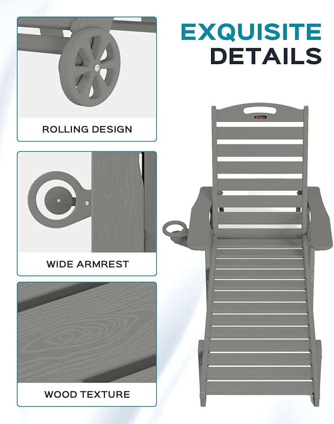 Outdoor Lounge Chair Set of 4, All Weather Patio Chaise Lounge Chairs for Outside, HDPE Chair with Rolling Wheels & Cup Holder, 5 Position, Deck, Pool, Grey