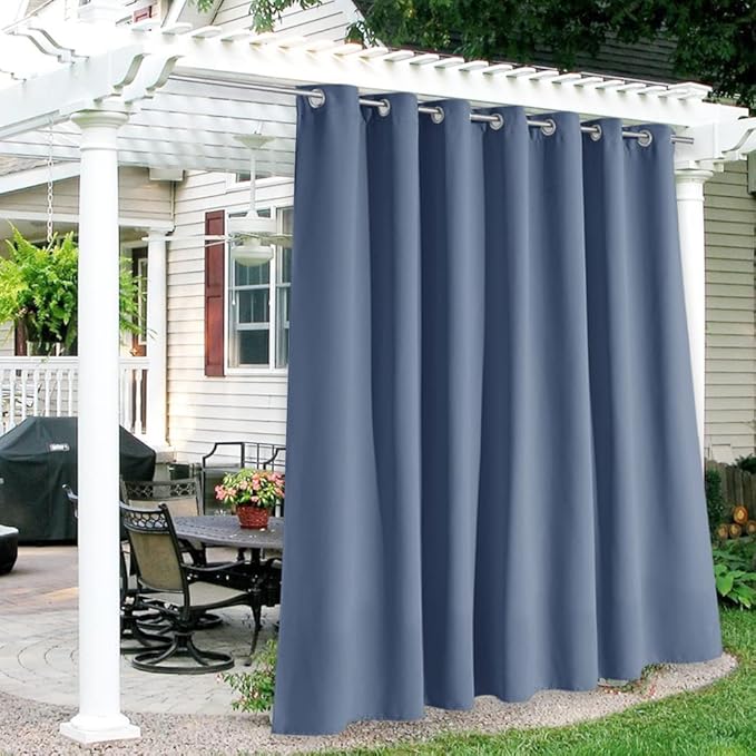 RYB HOME Extra Wide Outdoor Curtains for Patio Waterproof Heavy Duty Thermal Insulated in Summer Full Coverage Privacy for Gazebo, Cabana & Pergola, W100 x L90, Stone Blue, 1 Panel