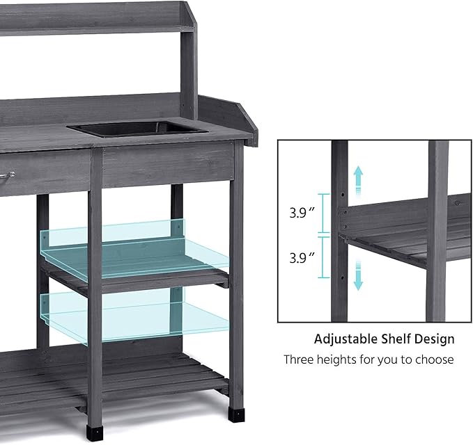 Yaheetech Outdoor Potting Bench Table Potters Benches Garden Workstation for Horticulture with Drawer/Adjustable Shelf Rack/Removable Sink/Hooks/Pads, Gray