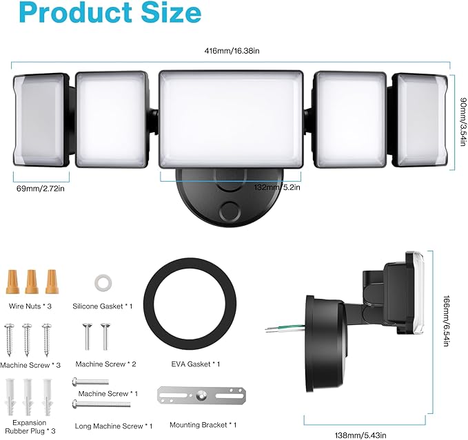 Olafus 130W Flood Light Outdoor, Switch Controlled 13000LM LED Security Light, IP65 Waterproof Outside Floodlight with 5 Adjustable Heads, 6500K Exterior Flood Light Fixture Wired for House Yard Black