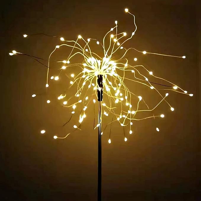 JJGoo Outdoor Solar Lights Firework, 2 Pack 120 LEDs Waterproof Solar Lights for Outside Garden Yard Pathway Fence - Warm White