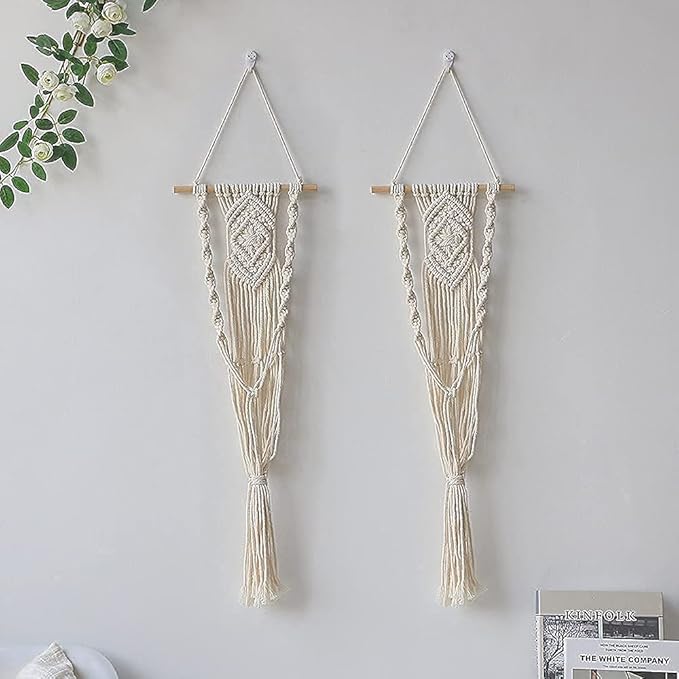 Artilady Boho Macrame Plant Hangers - Handmade Hemp Rope Hanging Baskets for Plants with Ceiling Hooks, Bohemian Home Decor Wall Art (White Wood Hanger-2pcs)