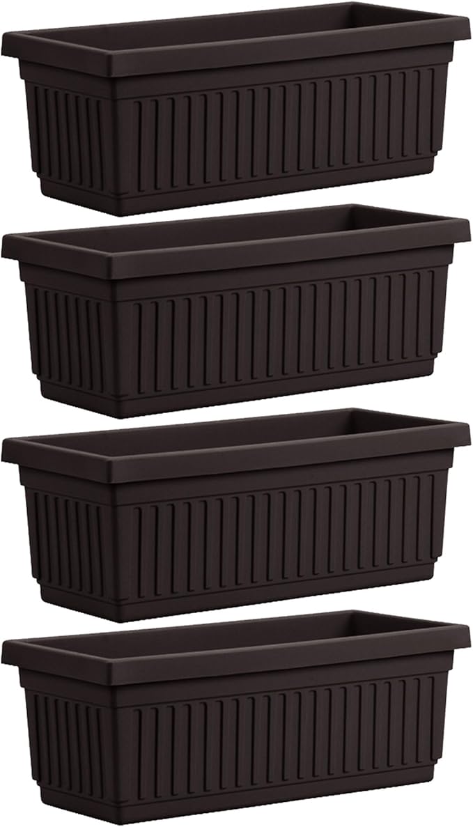 HC Companies 24 Inch Long Fluted Plastic Venetian Garden Window Container Planter Box for Flowers, Vegetables, or Succulents, Black (4 Pack)