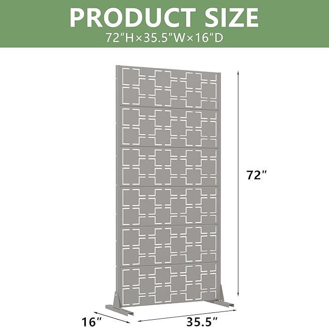 Casaphoria Metal Privacy Screen Outdoor, 72" H x 35" W Freestanding Decorative Privacy Screen for Patio Deck Balcony Garden with Stable Base, Grey-Square