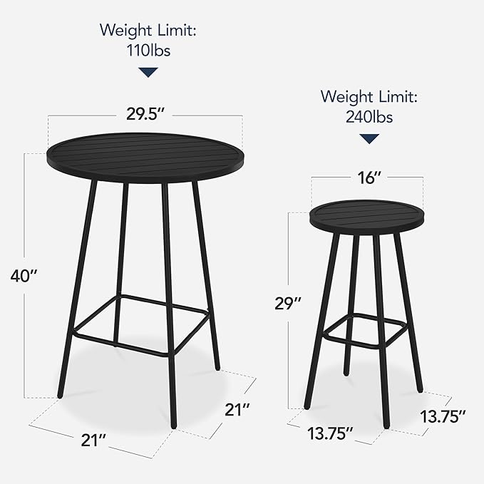 Best Choice Products 3-Piece Patio Dining Set, Bar Height, Outdoor Bistro Set, Outdoor Round Bar Table w/ 2 Bar Stools, Steel - Black