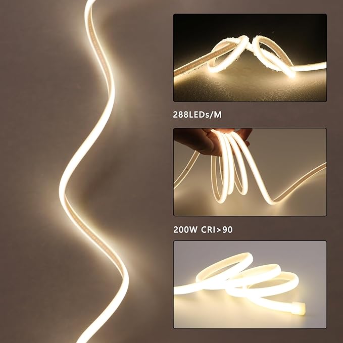 AC 110V COB LED Strip Lights Outdoor Waterproof 65.6ft, 4000K Natural White Super Bright 200W CRI 90+ LED Rope Light, IP65 Flexible Cuttable, for Bedroom Garden Commercial House