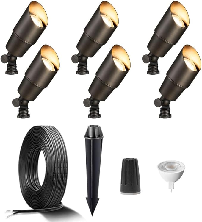 Gardenreet Brass Low Voltage Landscape Spotlights(6-Pack) Kit 12V LED with 100 Feet Wire and 30Pack Connectors for Outdoor Yard Garden Patio Without Transformer