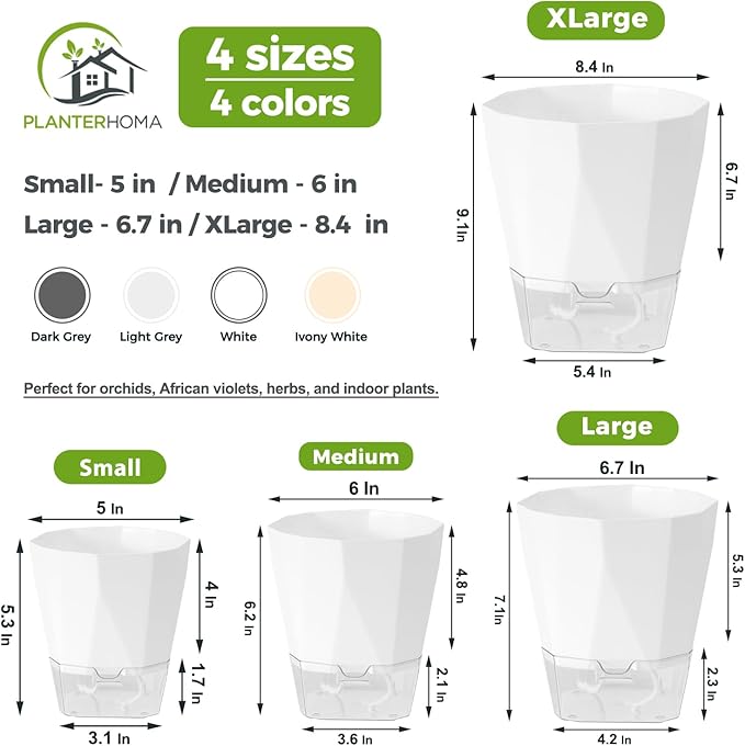 6 Pack Self Watering Pots for Indoor Plants, 5 Inches Self Watering Planters Small African Violet Self Watering Clear Pots for Plants Herb Orchid Flower Houseplant Pots, White