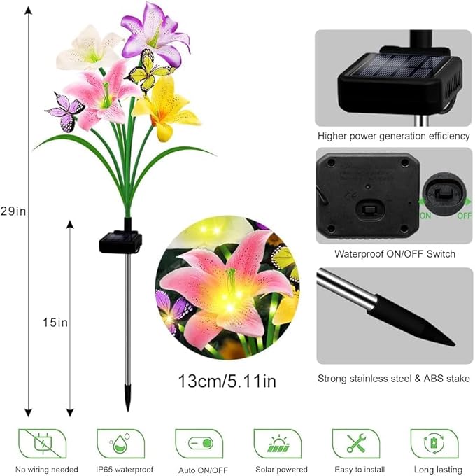 Solar Garden Lights 2 Pack with 8 lilies Outdoor Decorative flower Lights for Garden, Birthday Gift for family and Friends, IP65 Waterproof flower Solar Outdoor Stake Light for Yard Patio Lawn Pathway