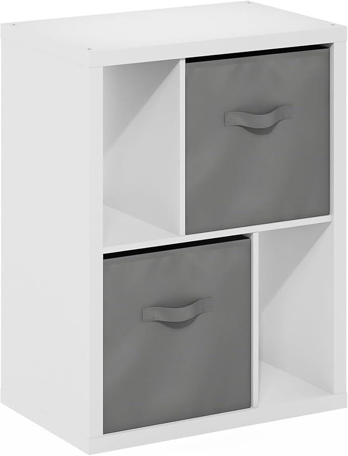 Furinno Viola Standing Storage Shelf with Two Storage Bins, White/Light Grey