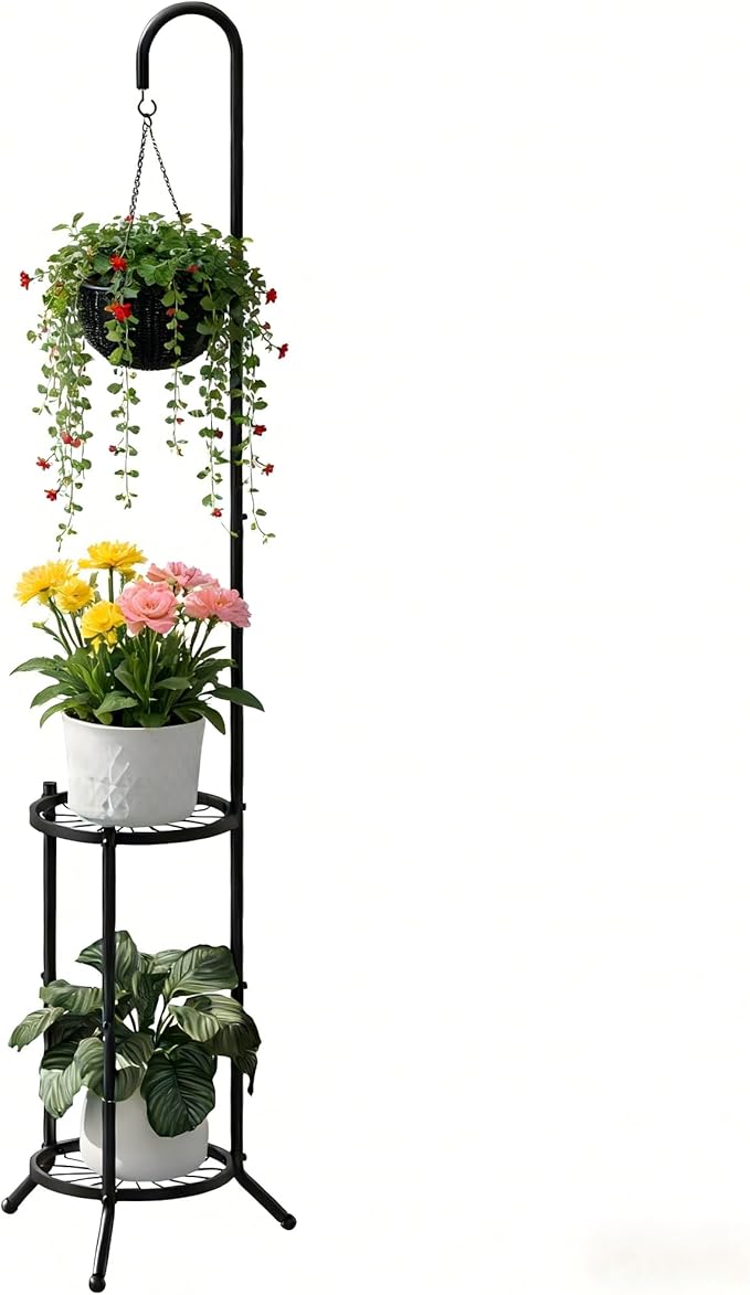 2-tier Hanging Plant Stand Plant Hanger Indoor Outdoor Corner Plant Stands for Indoor Plants, Space-Saving Iron Planter Shelves, Multiple Flower Pot Display Holder Shelf with Hanging Hook, Indoor Outdoor Heavy Duty Planter Shelving Unit (Hooked-style,B...