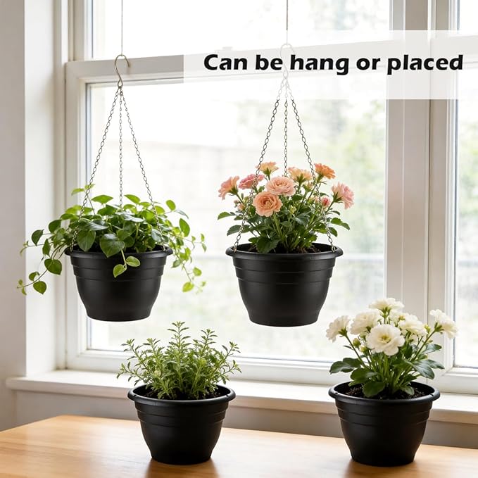 Hanging Planters 11 Inch, 3 Pcs Flower Pots with Drainage Hole, Self Watering Hanging Basket for Indoor Outdoor Plants, Decor, Black