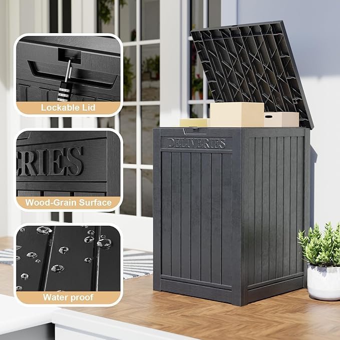 DRATO 48 Gallon Package Delivery Box, Large Lockable Storage Box, Double-Wall Resin Outdoor Package Delivery and Waterproof Deck Box for Porch, Patios（Black，48 Gallon）