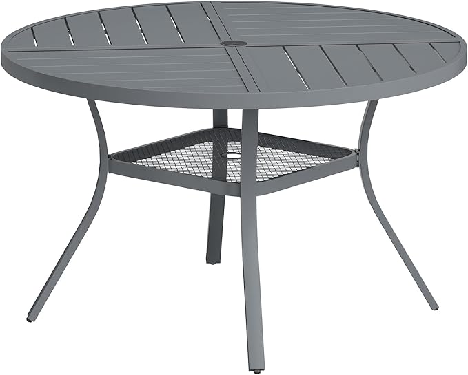 VICLLAX Round Patio Table with Adjustable Umbrella Hole for 6, All Weather Metal Outdoor Dining Table for Lawn Garden, 47.2" Outdoor Coffee Table, Grey Tabletop