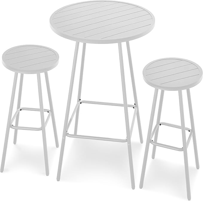 Best Choice Products 3-Piece Patio Dining Set, Bar Height, Outdoor Bistro Set, Outdoor Round Bar Table w/ 2 Bar Stools, Steel - White