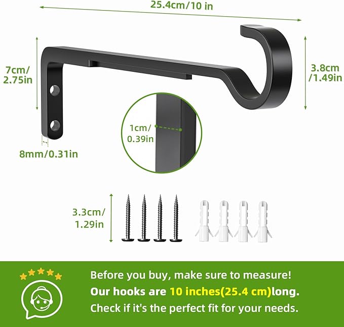 10 Inch 2 Pack Black Heavy Duty Outdoor Plant Hangers, Iron Hanging Plant Brackets for Hanging Plants Outside, Metal Plant Hooks Plant Wall Hooks for Hanging Lantern, Bird Feeder