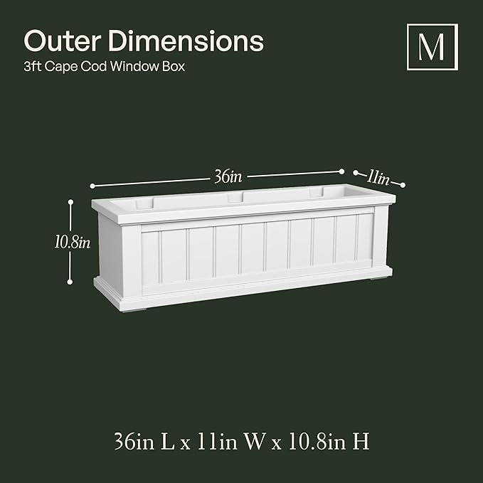 Mayne Cape Cod 3ft Window Box - White - 36in L x 11in W x 10.8in H - with 6.5 Gallon Built-in Water Reservoir (4840-W)