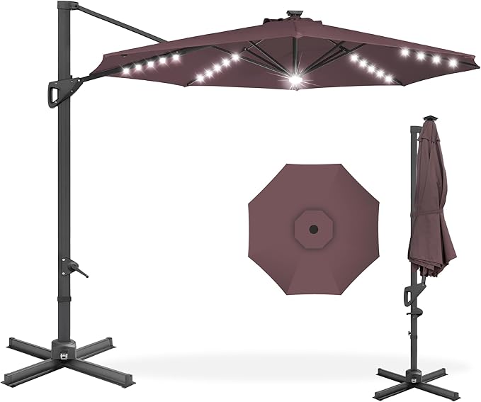 Best Choice Products 10ft Solar LED Cantilever Patio Umbrella, 360-Degree Rotation Hanging Offset Market Outdoor Sun Shade for Backyard, Deck, Poolside w/Lights, Easy Tilt, Cross Base