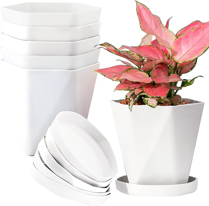 InmeRun Plant Pots Indoor Plastic Flower Pots Outdoor 5 inch Set of 12 Pack with Drainage Holes and Saucers for Garden Pots (5 in 12 White)