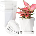InmeRun Plant Pots Indoor Plastic Flower Pots Outdoor 7 inch Set of 6 Pack with Drainage Holes and Saucers for Garden Pots (7 in 6 White)