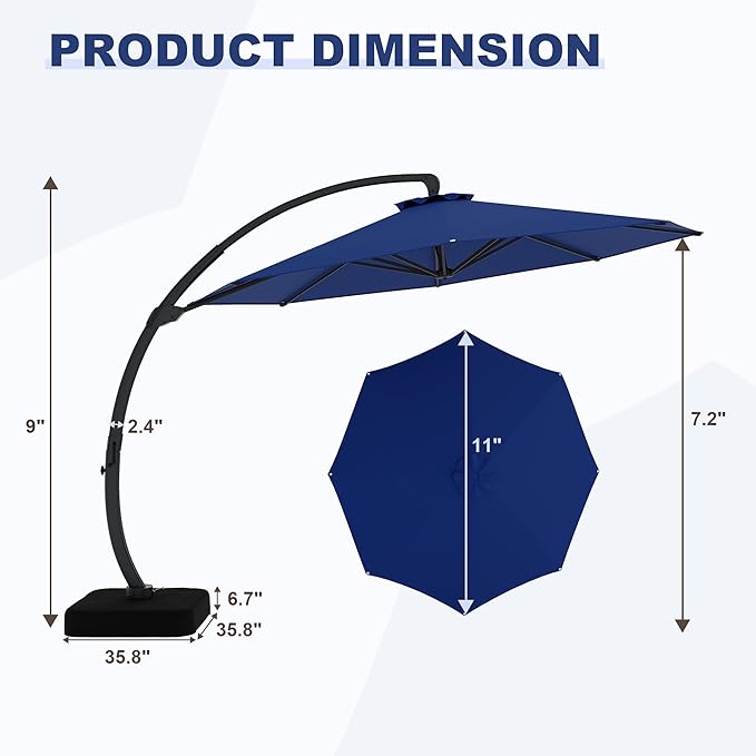 GarveeLife 11FT Cantilever Patio Umbrella With Base Included, Cantilevers Outdoor Umbrella Heavy Duty Offset, Aluminium Curved Cantilever Umbrella