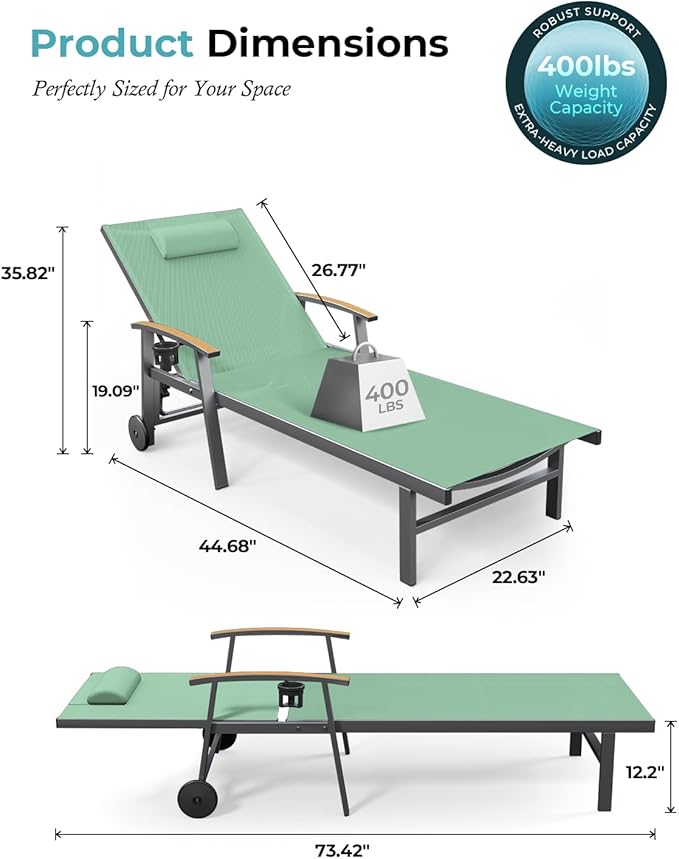 Ciokea Outdoor Lounge Chair with Pillow Set of 2, 5-Position Aluminum Chaise Lounge with Wheels & Armrests, 400 lbs Heavy Duty Patio Pool Chair for Backyard, Deck, Beach & Poolside, Light Green